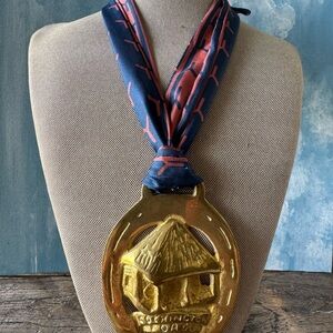 Gold-Tone Decorative Medal Pendant on Blue & Coral Ribbon